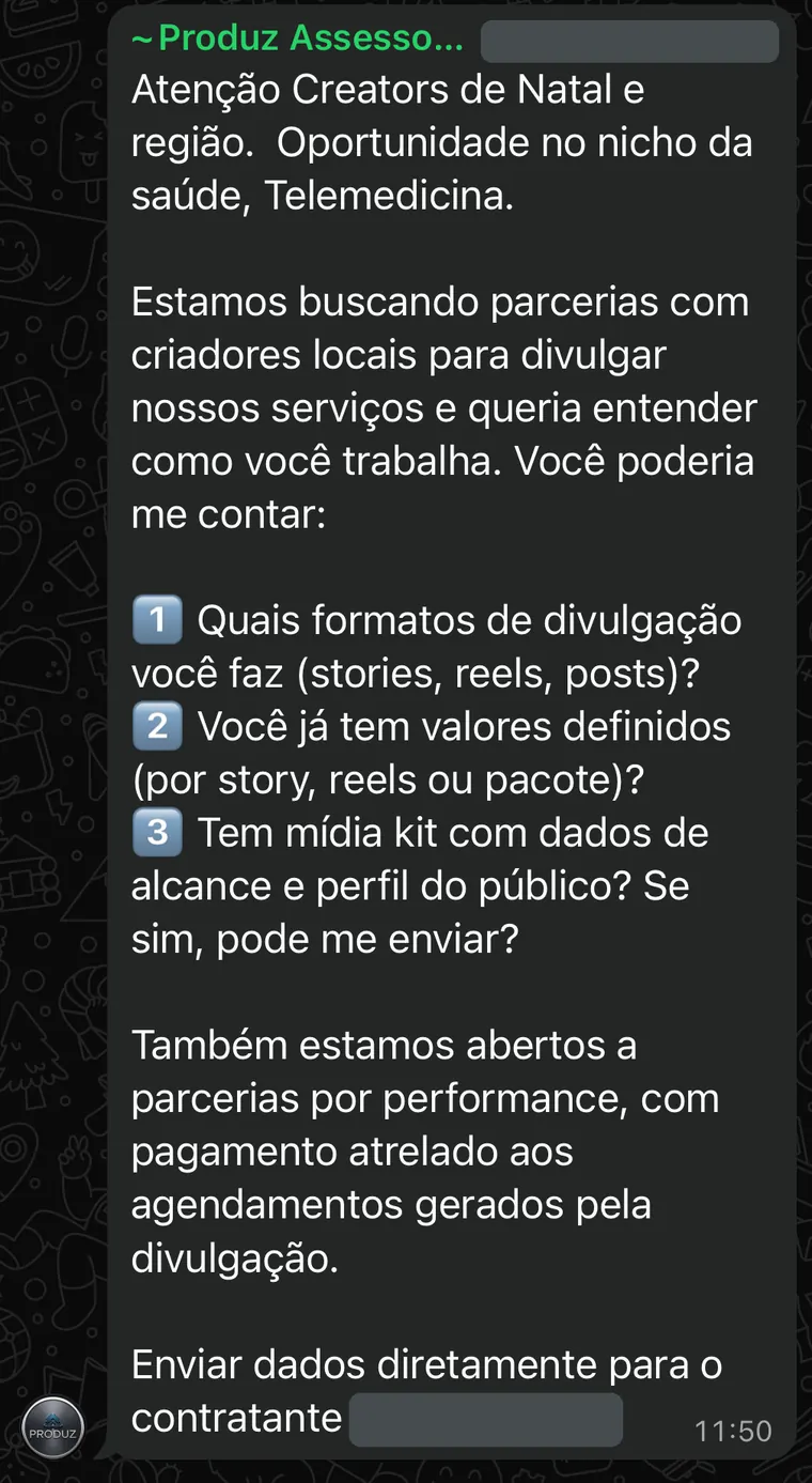 Print de mensagem no grupo, enviada por Produz Assessoria às 11:50: vaga para creators no nicho de saúde, telemedicina. Pergunta formatos, valores e mídia kit, e aceita parceria por performance. Os telefones estão cobertos por tarjas.